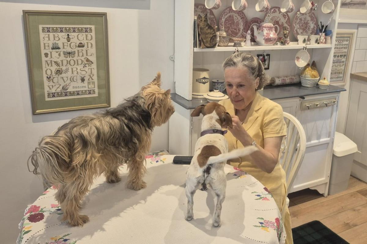 Elizabeth Arnold smiling with Yorkshire Terrier Mary and Jack Russell Pickles who were rescued from river