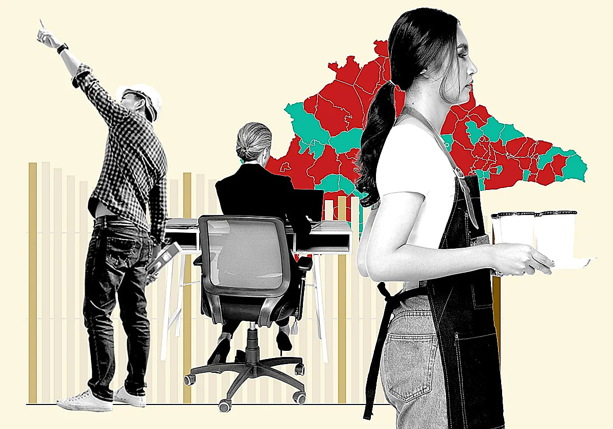 Busy outdoor cafe and shops in Malaga Spain with tourists and workers during spring season