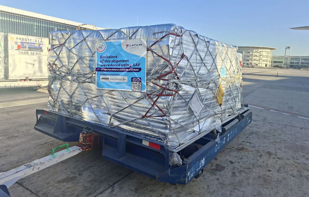 Fresh salmon being loaded onto commercial aircraft for sustainable aviation fuel flight