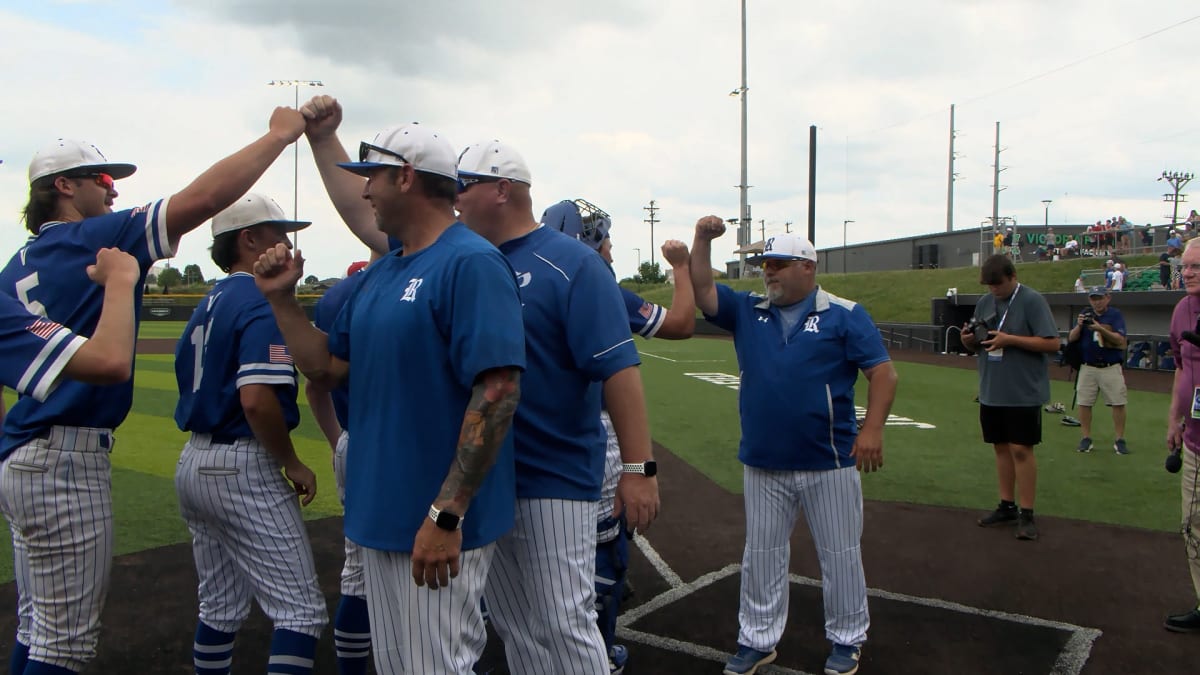 Ripley Vikings baseball team celebrating their semifinal victory on the field in Huntington