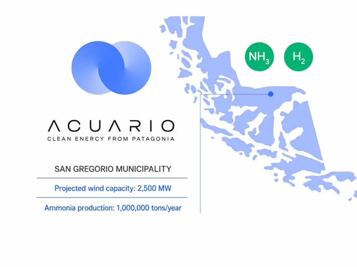 Wind turbines along Chile's Patagonian coast generating power for green hydrogen production facility