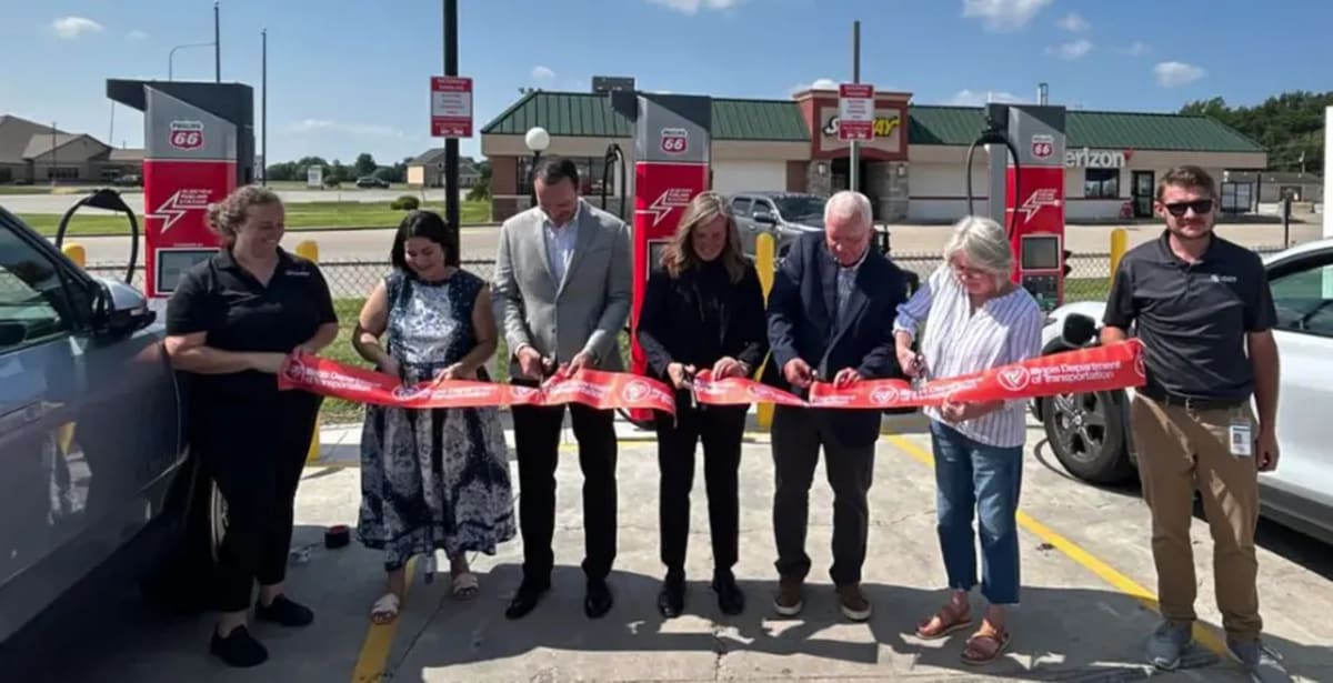 Electric vehicle charging at new public charging station in Springfield, Illinois downtown area