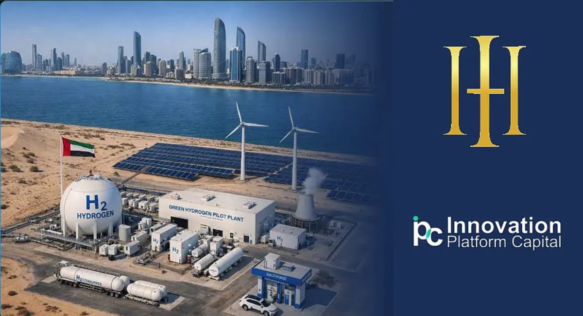 Solar panels and industrial hydrogen production facility in desert landscape under bright sun