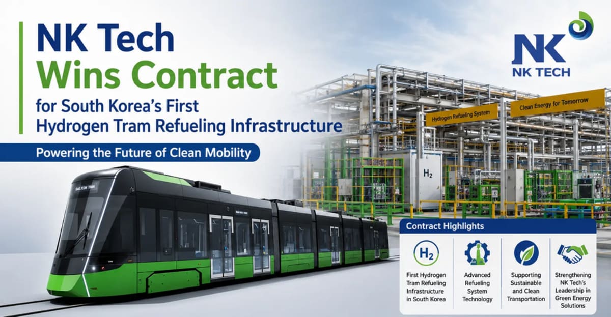 Modern hydrogen refueling station concept with clean lines and futuristic tram in South Korea