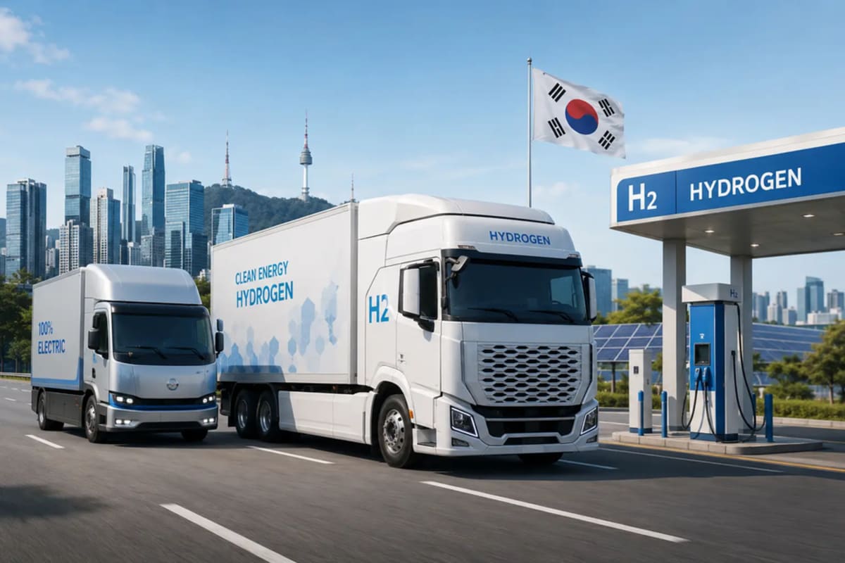 Modern electric and hydrogen fuel cell commercial trucks on South Korean highway