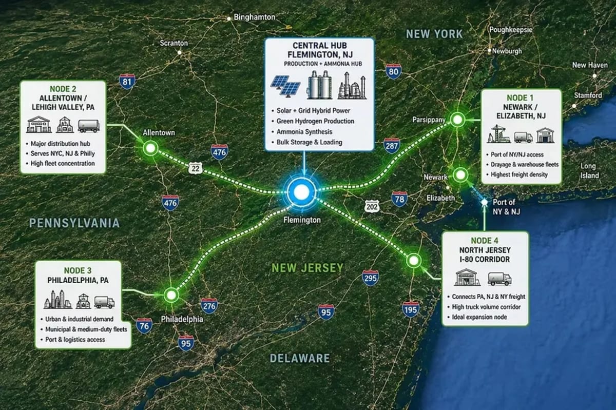 Hydrogen fuel cell truck refueling at modern station along East Coast freight corridor