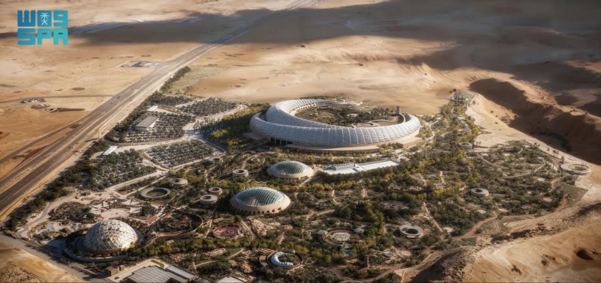 Aerial view of King Abdullah Gardens construction showing massive covered botanical garden structures in Riyadh