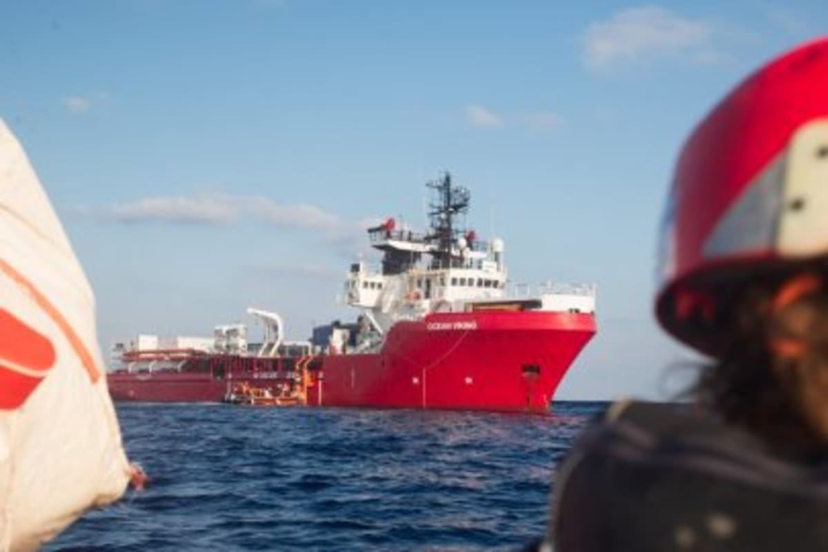 Humanitarian rescue ship Ocean Viking sailing in the Mediterranean Sea during rescue operations