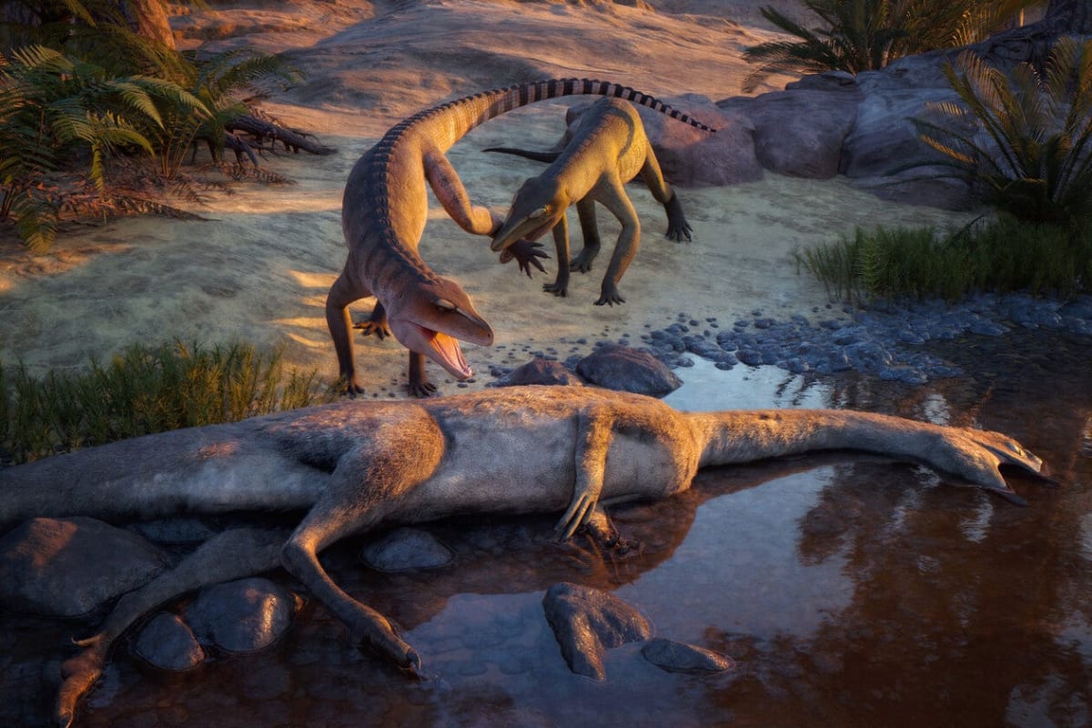 Artist reconstruction of two ancient crocodile relatives on a riverbank 210 million years ago