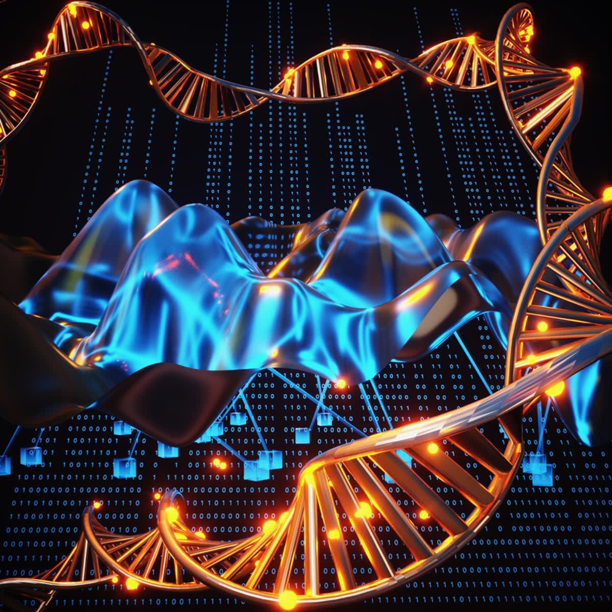 Colorful scientific illustration showing DNA strands with chemical modifications representing epigenetic inheritance patterns