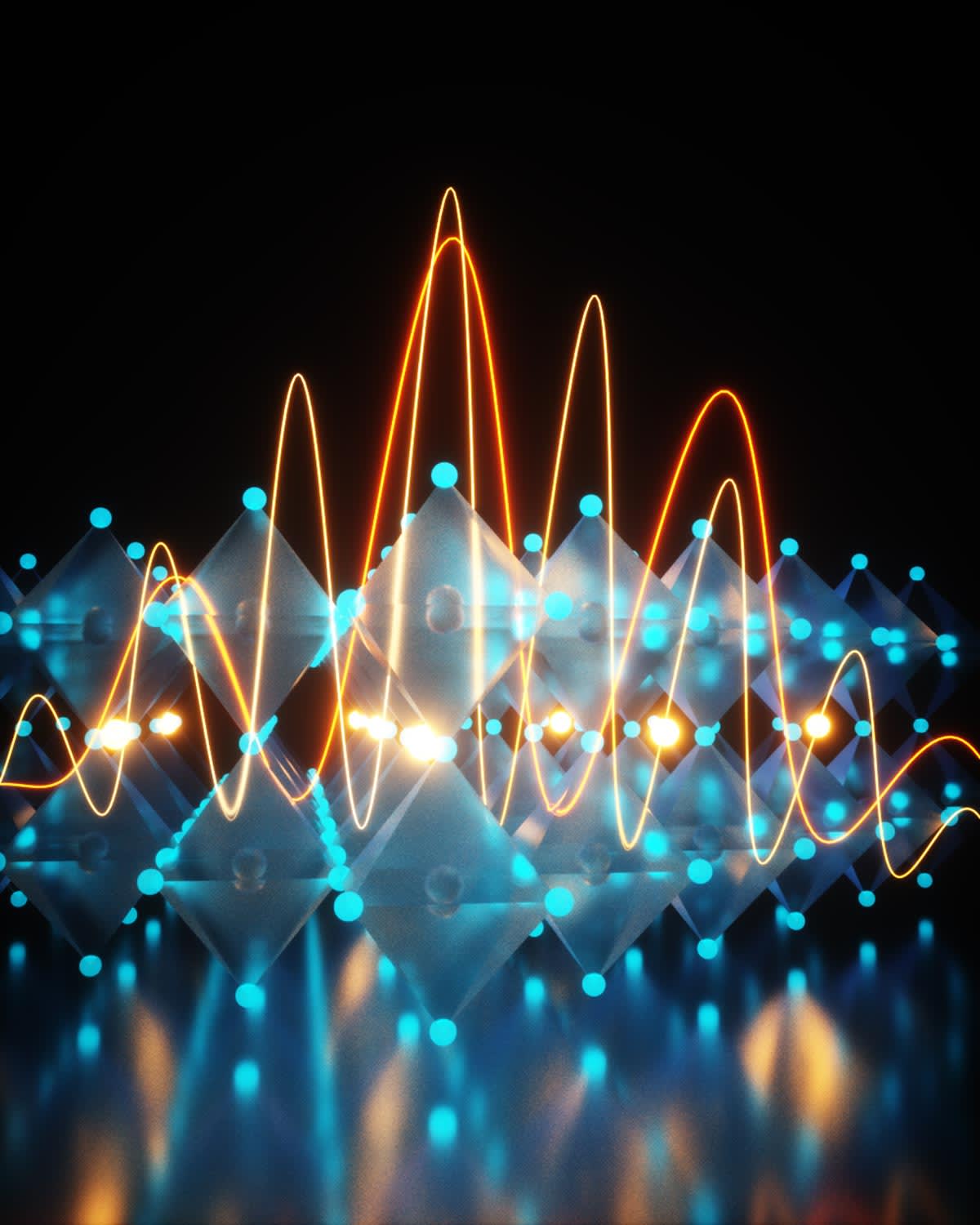 Illustration of perovskite crystal structure shifting shape under laser light exposure in laboratory setting