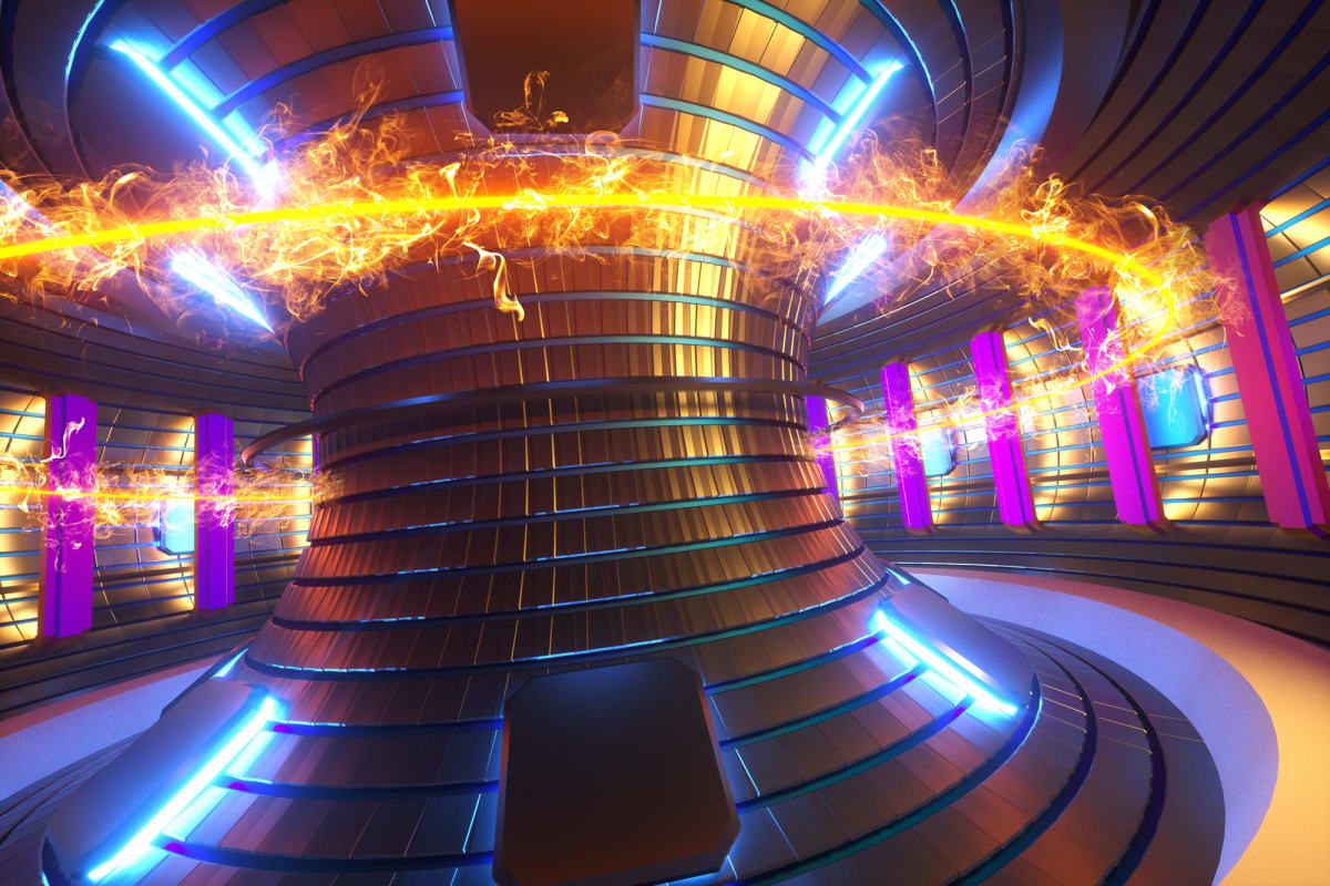Glowing plasma confined by magnetic fields inside a fusion reactor chamber