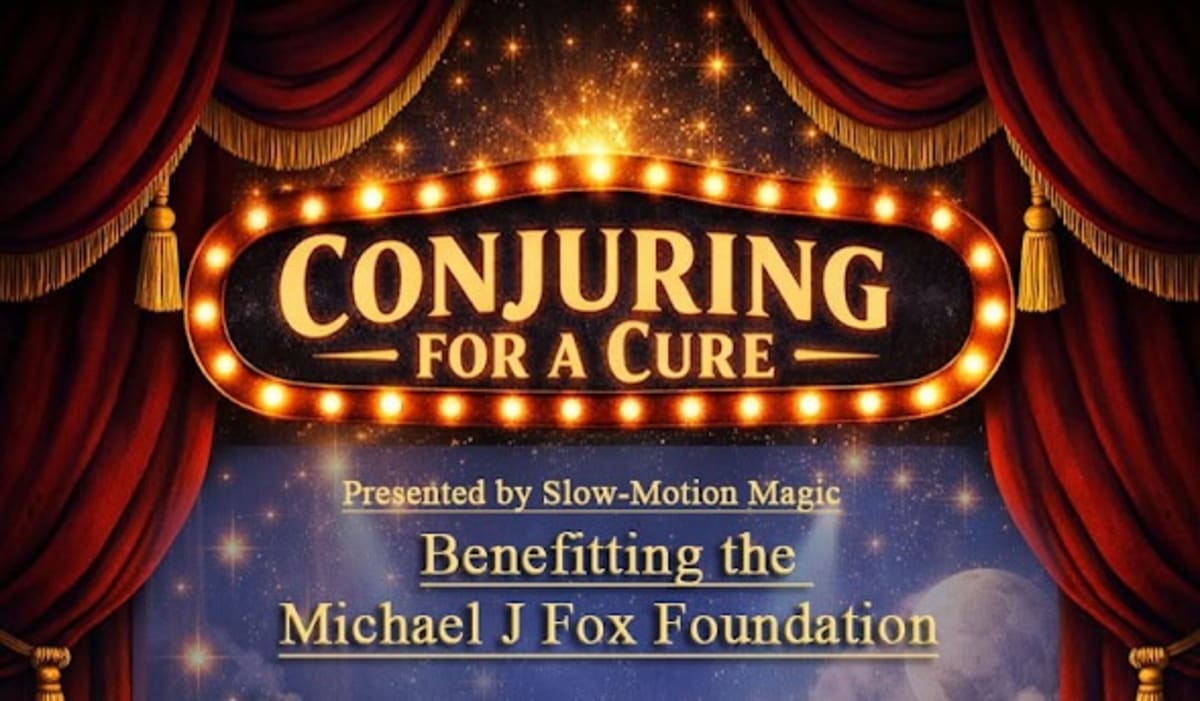 Magic show performer entertaining audience at community fundraiser event for Parkinson's research