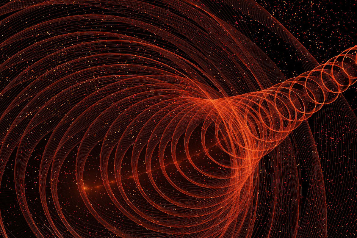 Abstract visualization of quantum particles flowing through time in multiple directions