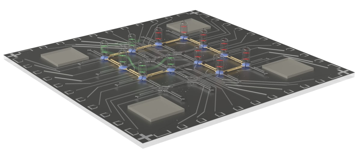 Pictorial diagram of a quantum battery with sixteen connected qubits arranged in a lattice pattern
