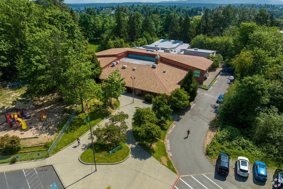 Dearborn Park International Elementary School building exterior on sunny day in Seattle