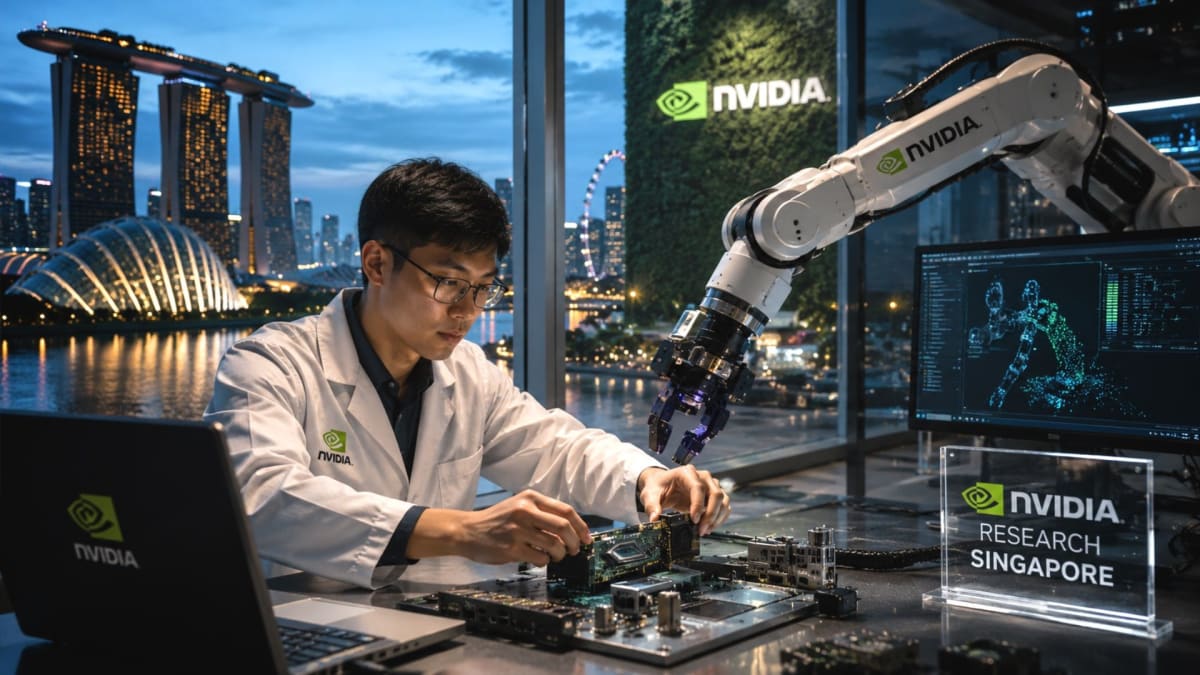 Modern robotics workstation with NVIDIA branding in Singapore research facility