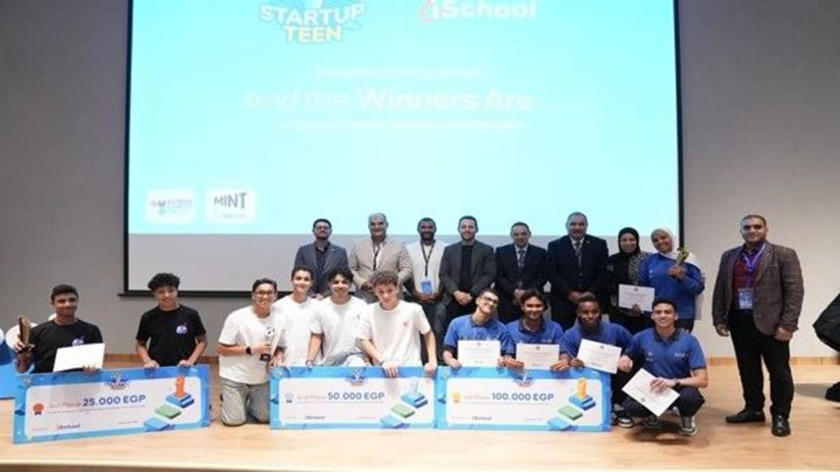 Egyptian students from WE Technology Schools celebrating their national startup competition victory with innovative app
