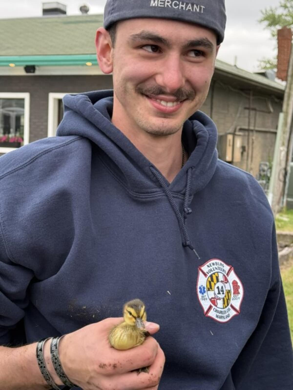 Volunteer firefighters rescuing small duckling from water meter opening in Maryland street
