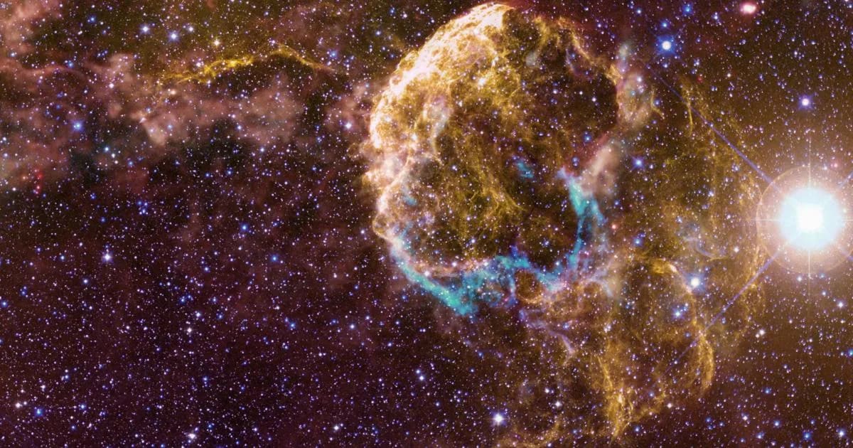 Artist rendering of binary star system with one star exploding in space