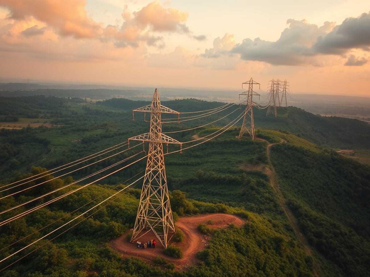 High-voltage electrical transmission towers connecting power infrastructure across Malawi and Mozambique border region