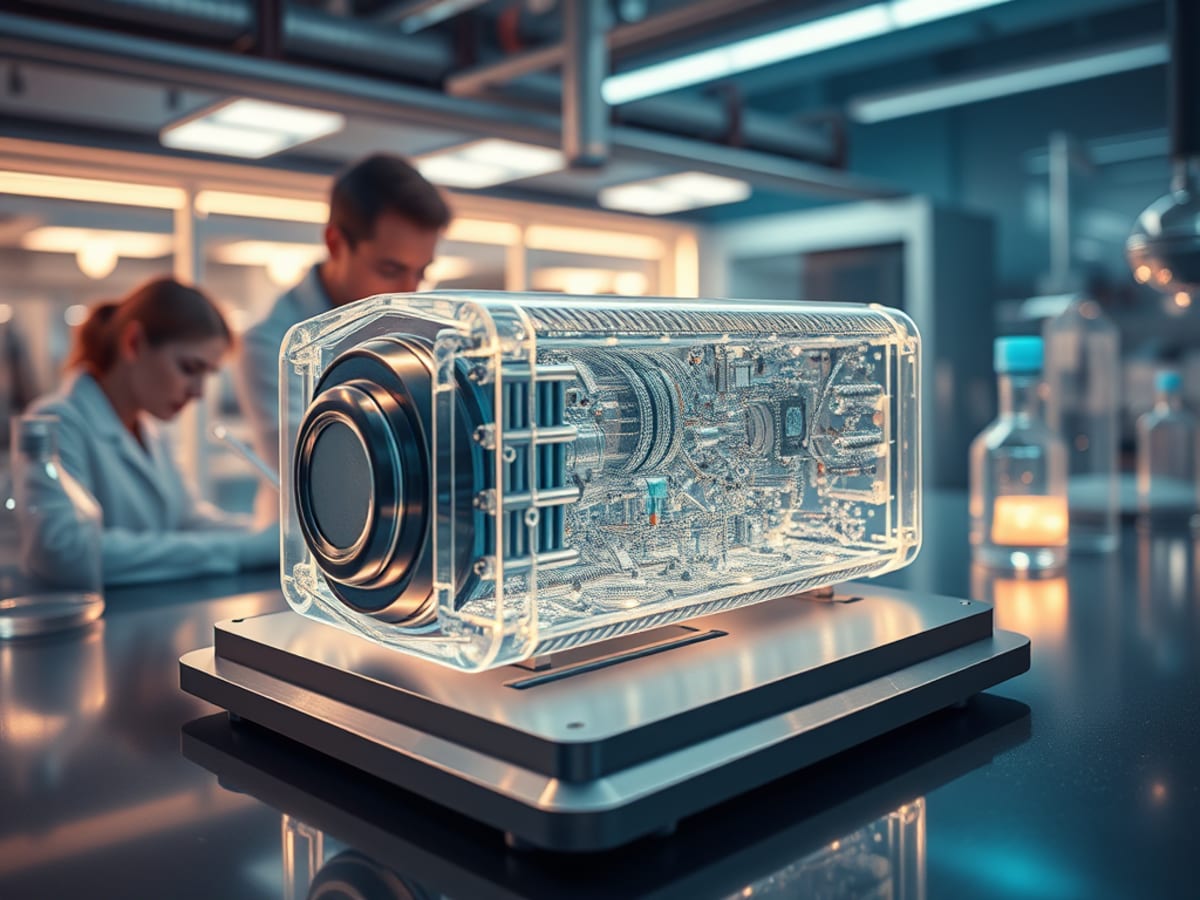 Microscopic view of advanced battery catalyst material glowing with energy potential