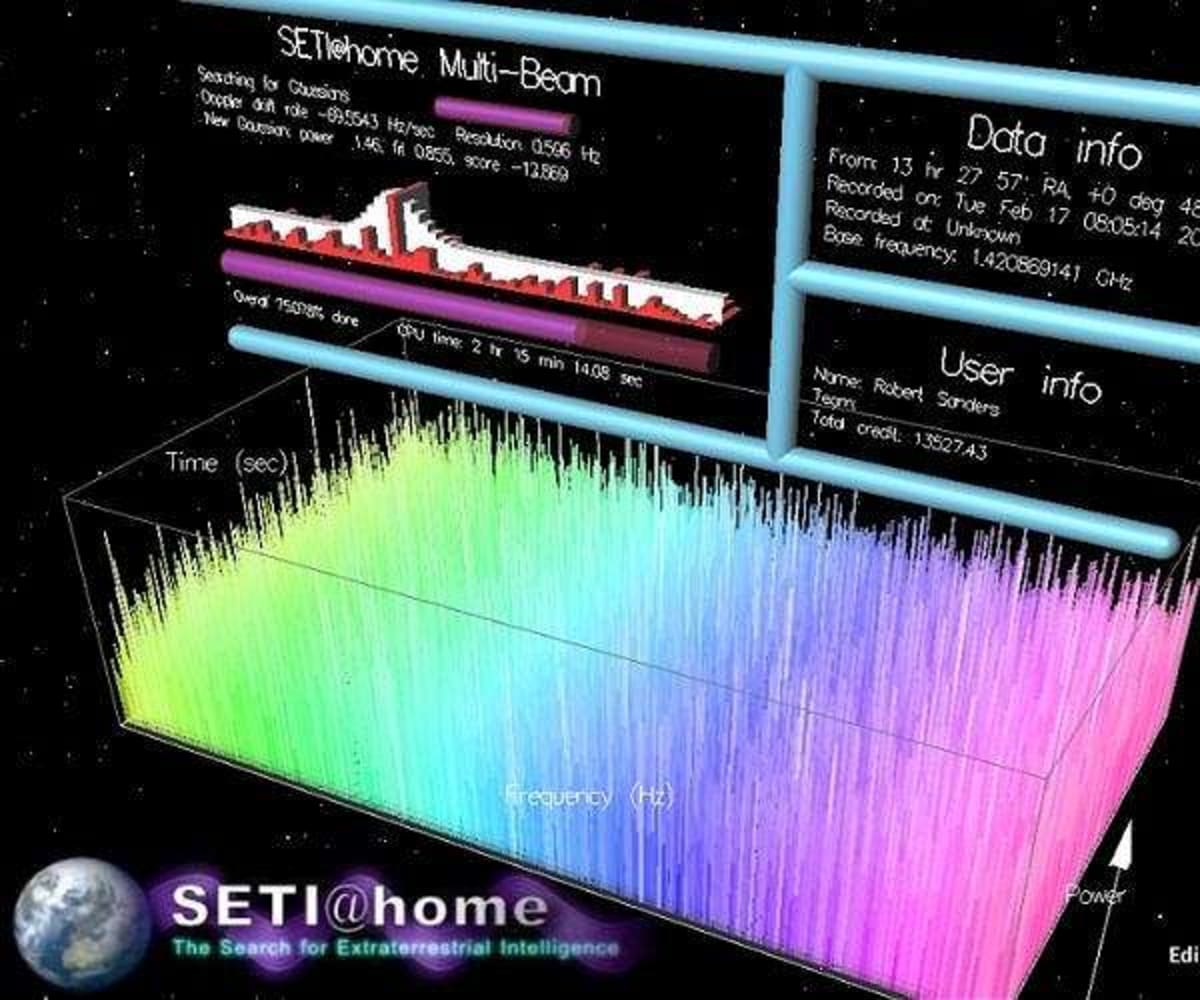 Computer screen showing SETI@home software analyzing radio telescope data for alien signals