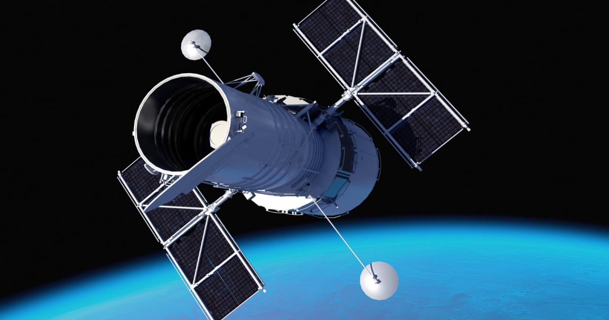 Artist rendering of DAMPE satellite orbiting Earth detecting colorful cosmic ray particles from deep space