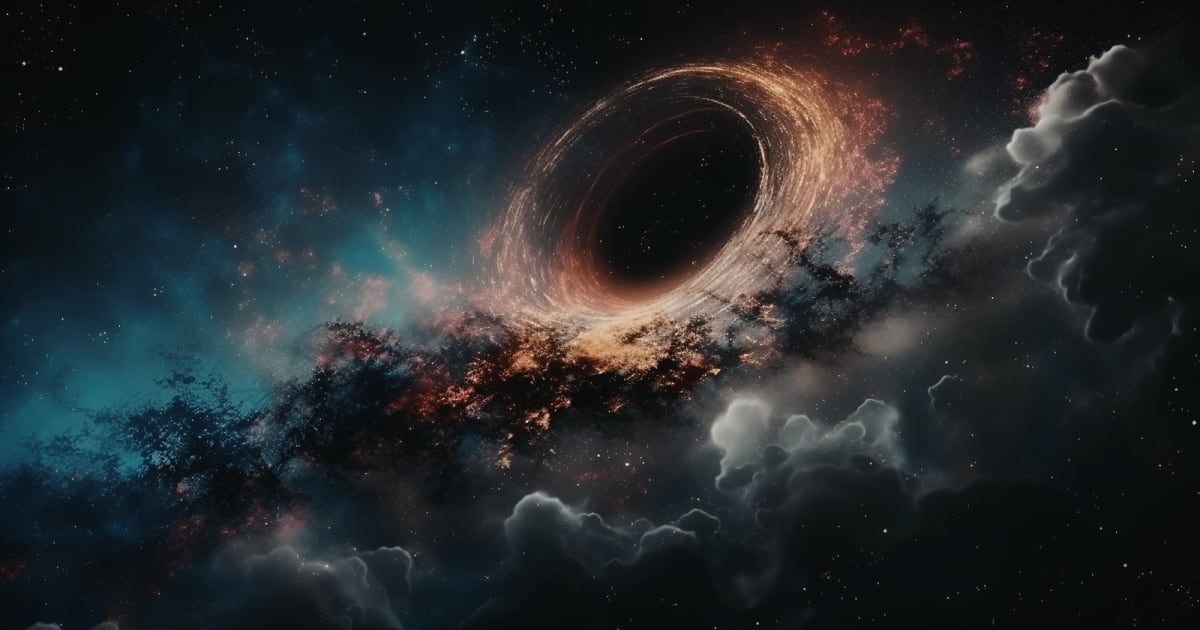 Artist rendering of supermassive black hole surrounded by swirling gas in ancient red galaxy