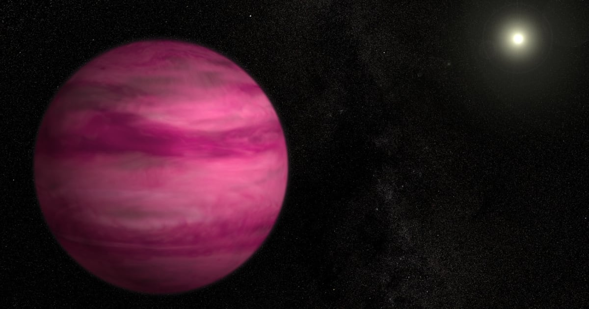 Artist rendering of pink exoplanet GJ 504 b with salt clouds in its atmosphere