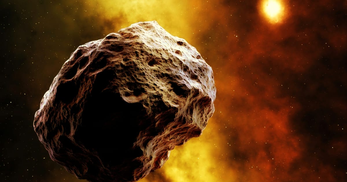 Artist rendering of asteroid Bennu in space with molecular structures representing RNA building blocks