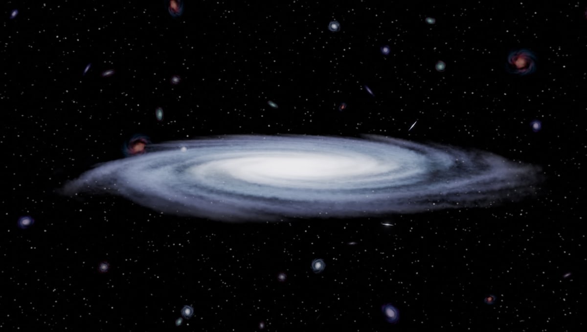 Artist rendering of early galaxy glowing with light from young massive stars creating oxygen