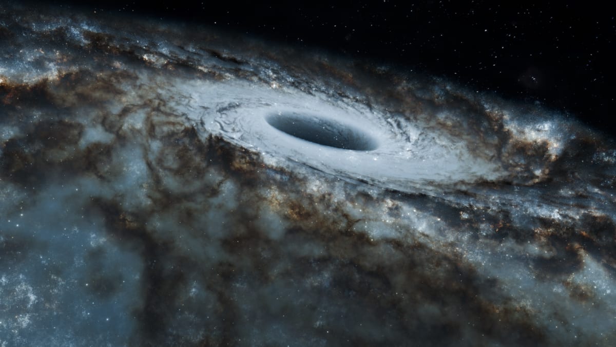 Artistic visualization of supermassive black hole with glowing gas ring in early universe galaxy