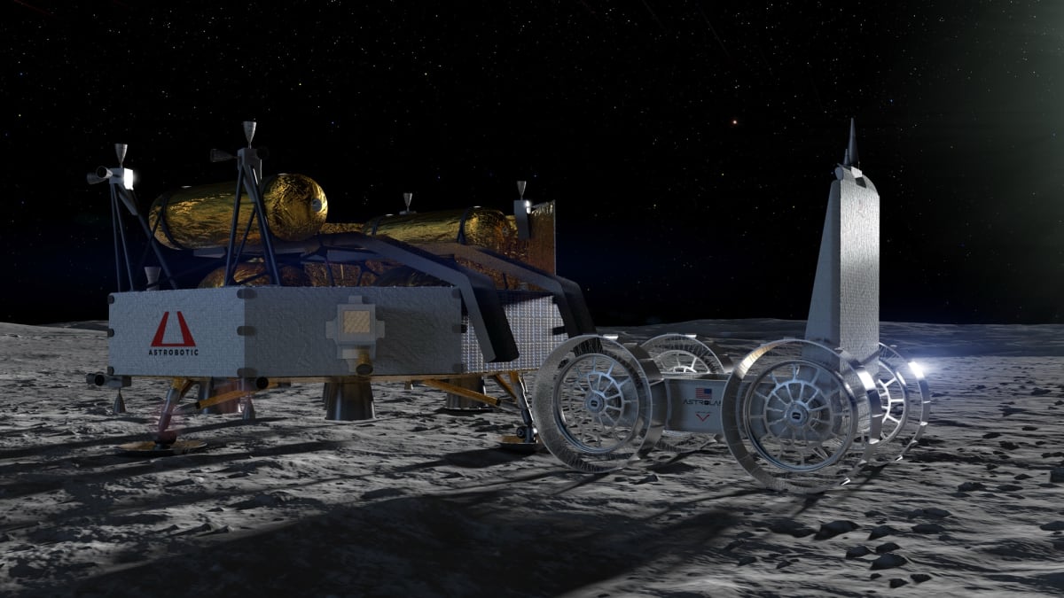 Lunar lander spacecraft on moon surface with American flag and Earth visible in background