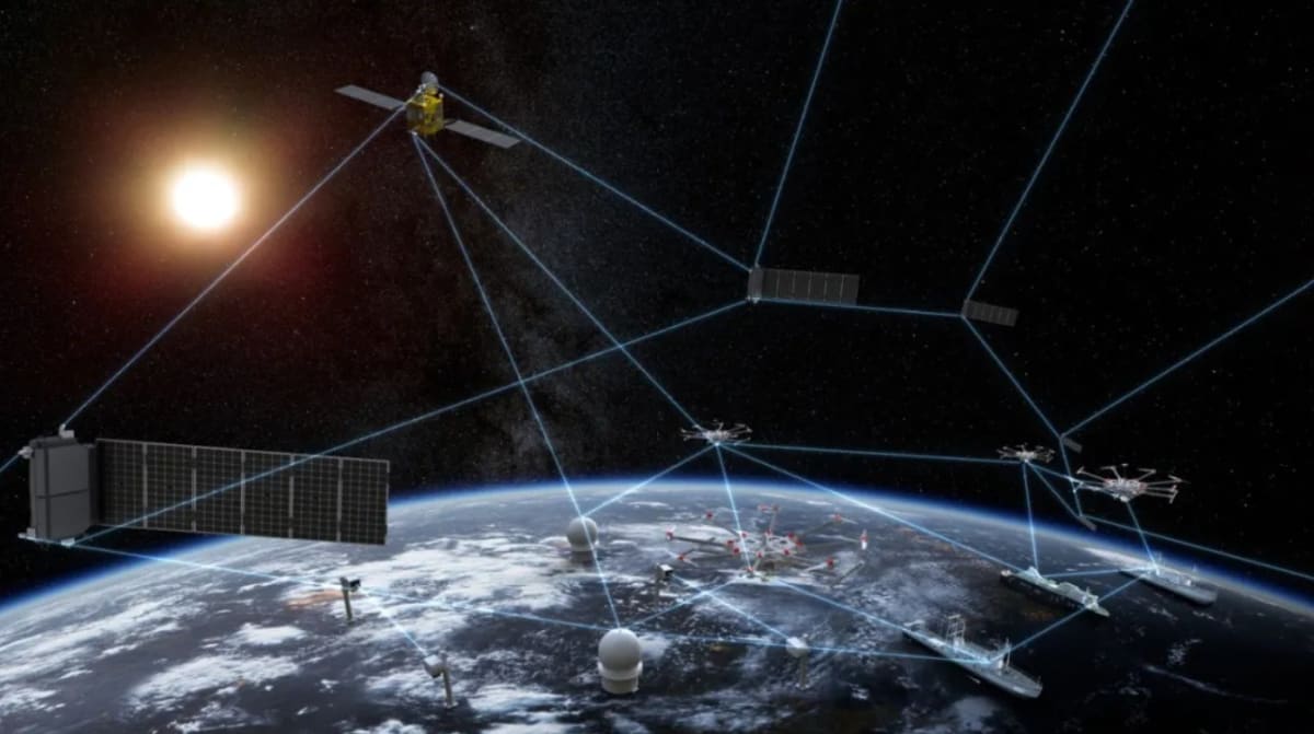 Artistic rendering of satellites communicating through laser beams in Earth orbit above blue planet