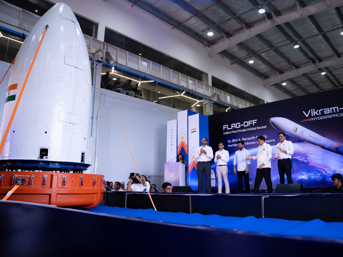 Skyroot Aerospace's white Vikram-1 rocket standing vertically on launchpad at Satish Dhawan Space Centre
