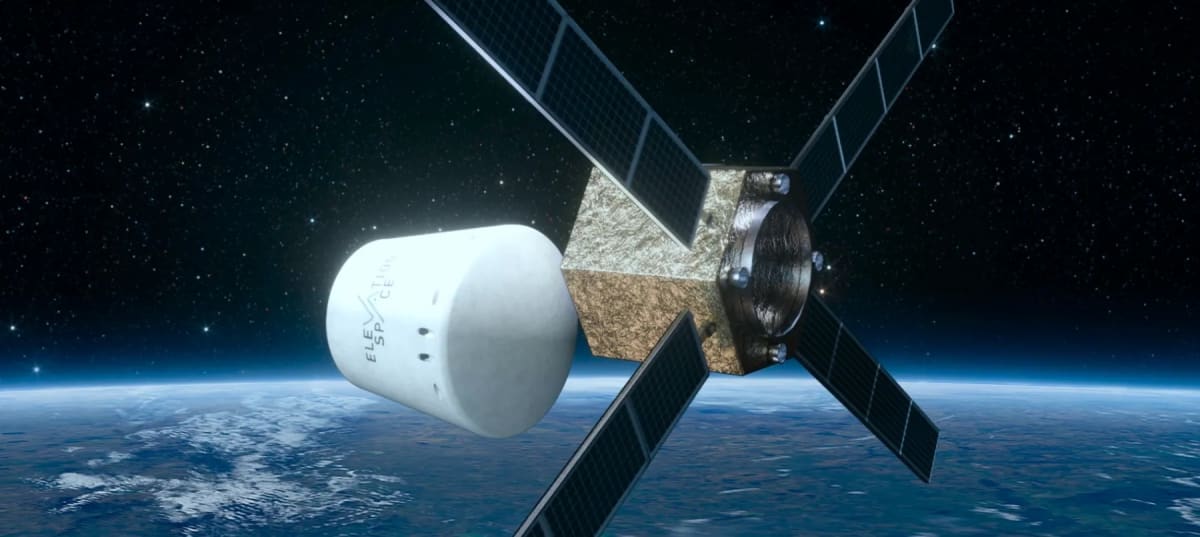 Conceptual rendering of ElevationSpace reentry vehicle returning to Earth with controlled descent trajectory
