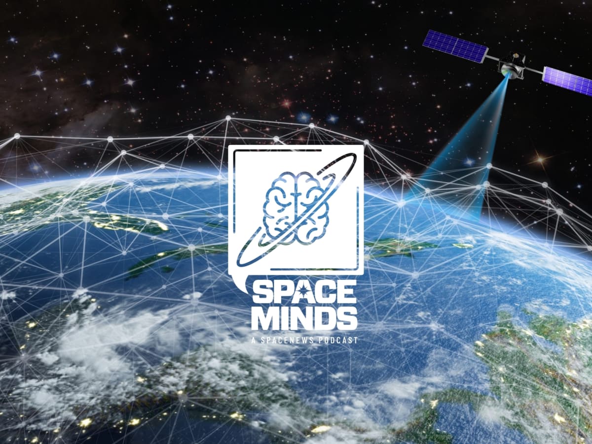** Network of satellites connected by laser beams forming internet web in Earth orbit