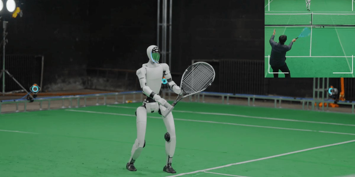 Humanoid robot holding tennis racket practicing rallies with human player on court