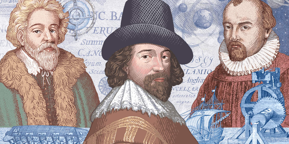 Historical engraving showing Francis Bacon's "Novum Organum" title page from 1620, depicting experimental philosophy