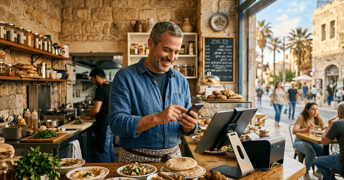 Small falafel shop owner working in kitchen with smartphone showing WhatsApp messages nearby