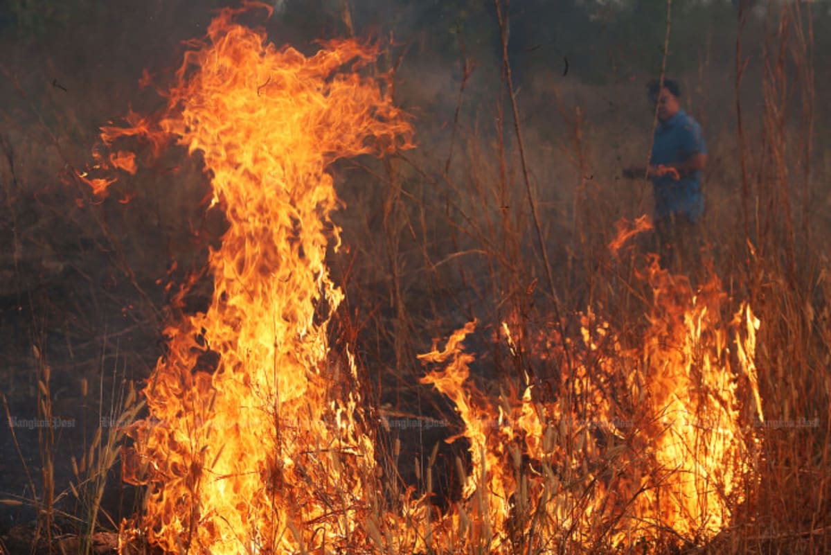 Firefighters and helicopters working together to battle wildfires across Thailand's forested mountains