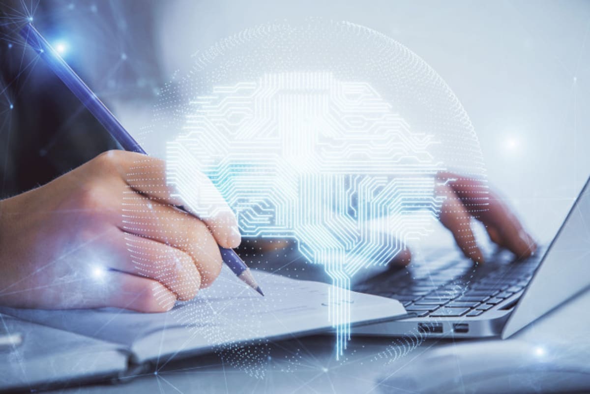 Thai business executives using digital devices for AI-powered learning platform in modern office
