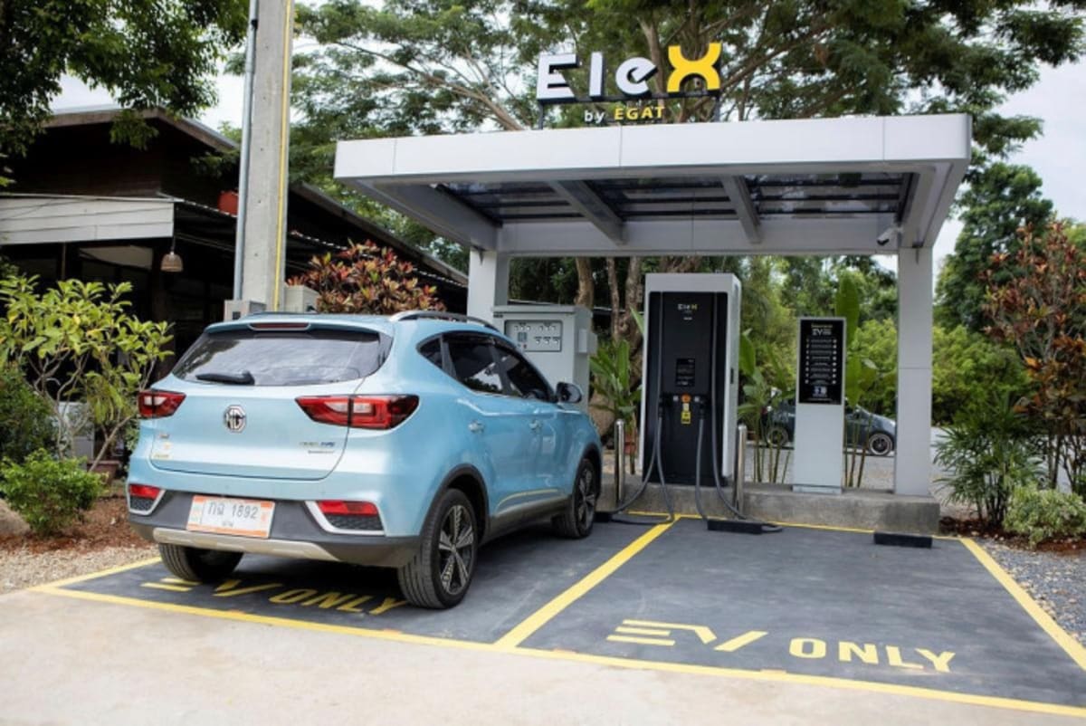 Electric vehicle charging at a modern charging station in Thailand operated by Egat