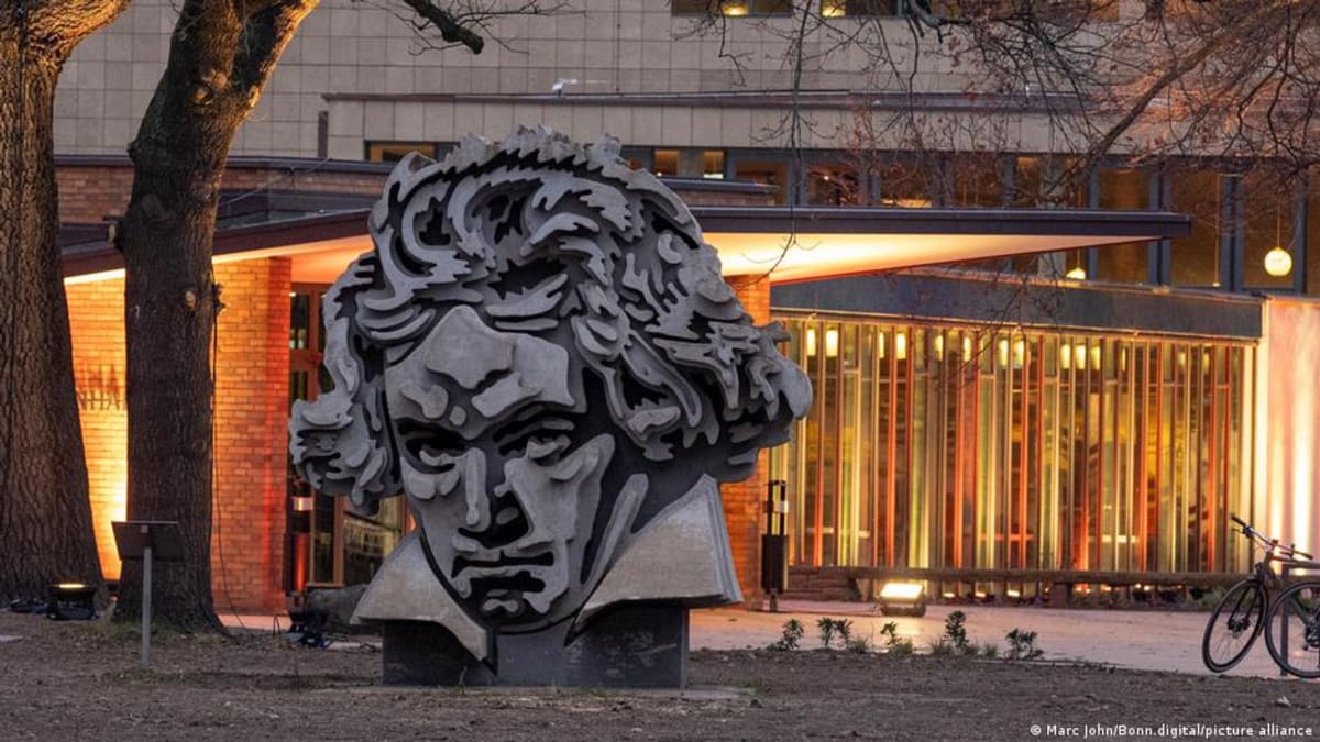** The renovated Beethovenhalle concert hall in Bonn, Germany, with modern lighting and historic architecture