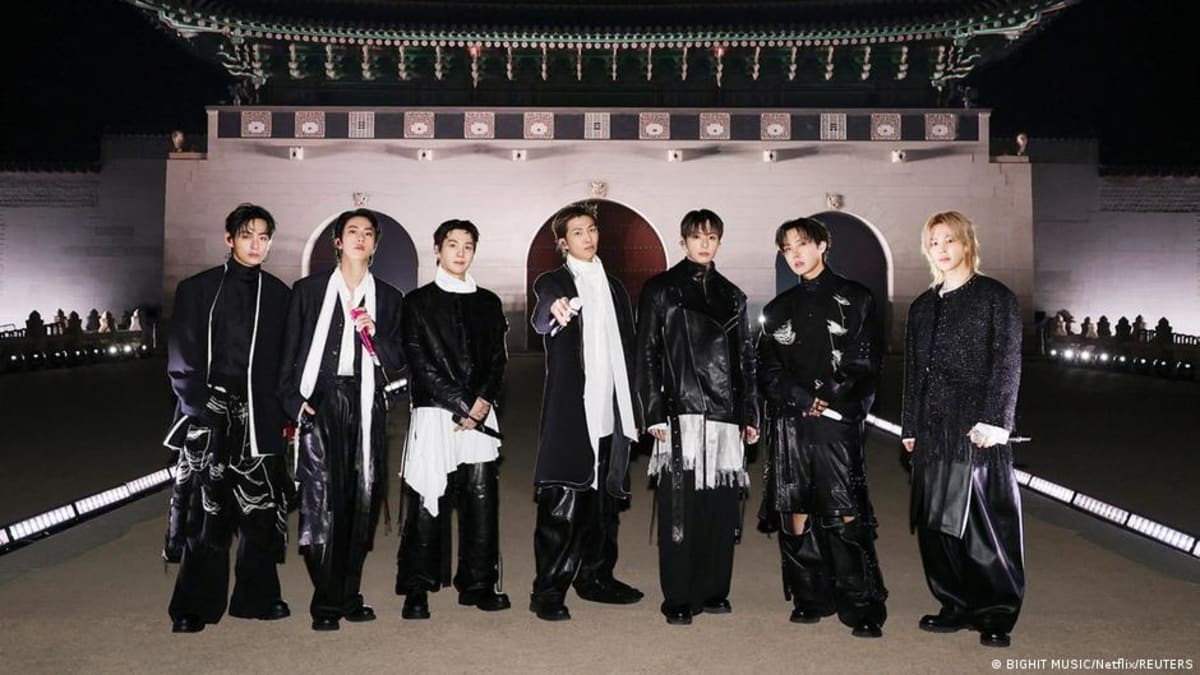 BTS members performing on stage during their Arirang world tour reunion concert in South Korea