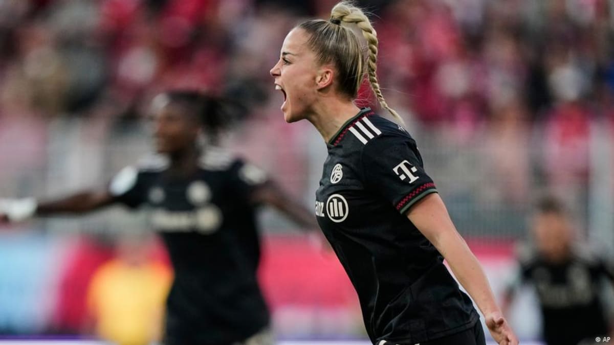 Bayern Munich women's captain Giulia Gwinn celebrating late goal that sealed Bundesliga title victory