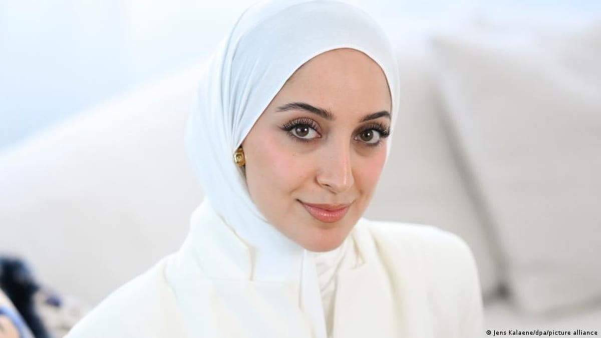 Büsra Sayed wearing a hijab from her collection at Miss Germany competition