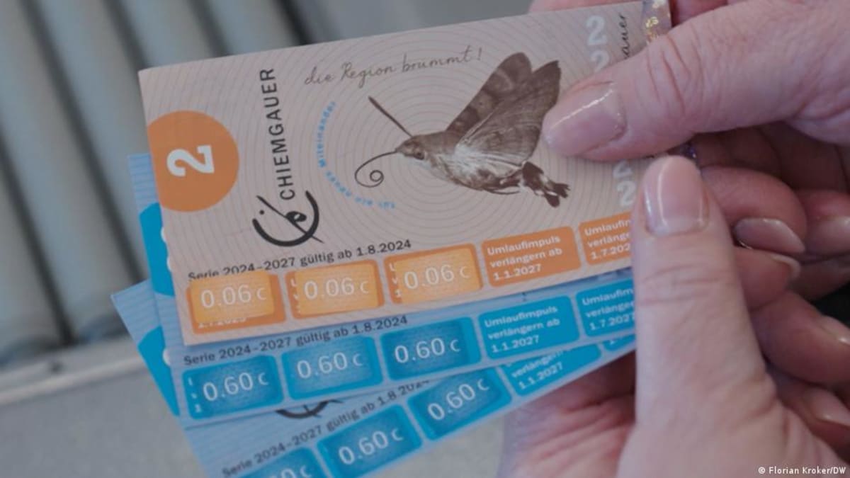 Colorful Chiemgauer banknotes featuring grasshoppers and ladybugs displayed in Bavarian shop