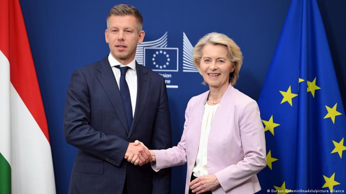 Hungarian Prime Minister Peter Magyar and EU Commission President Ursula von der Leyen at Brussels press conference